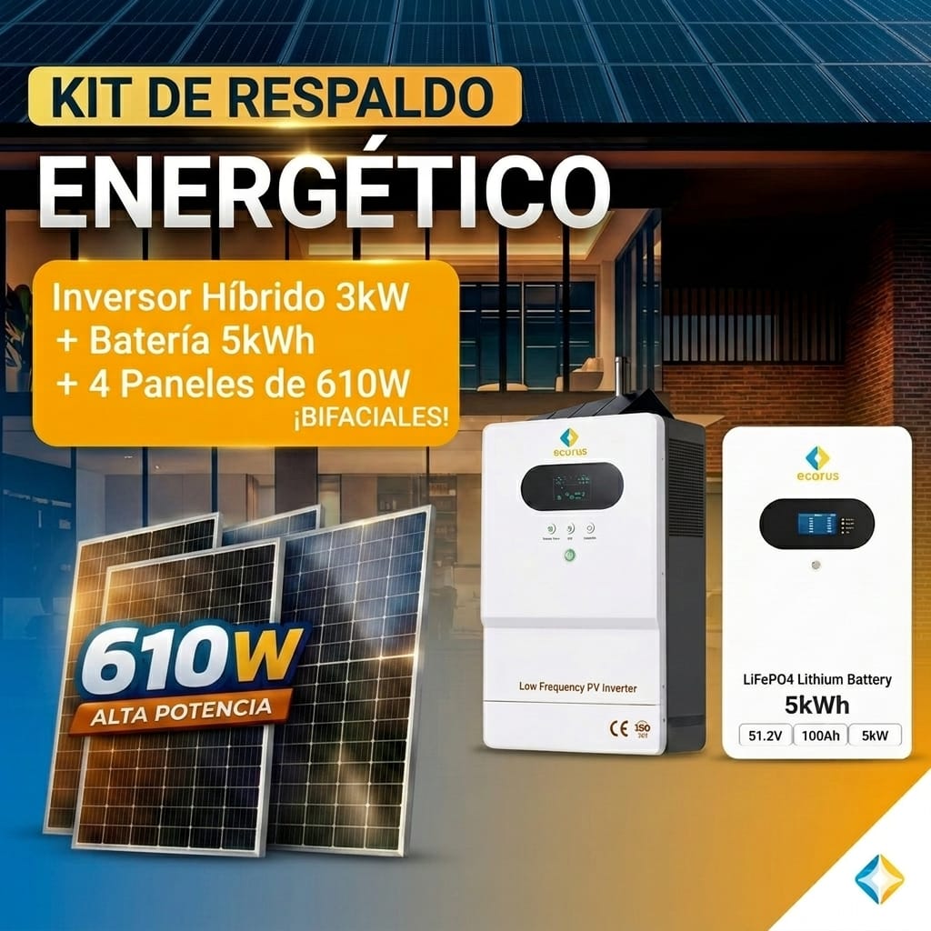 Kit Inversor 3KW con respaldo de Batería de 5KW, 4 Paneles de 610 W Bifacial con todos sus accesorios, montaje y transportación.